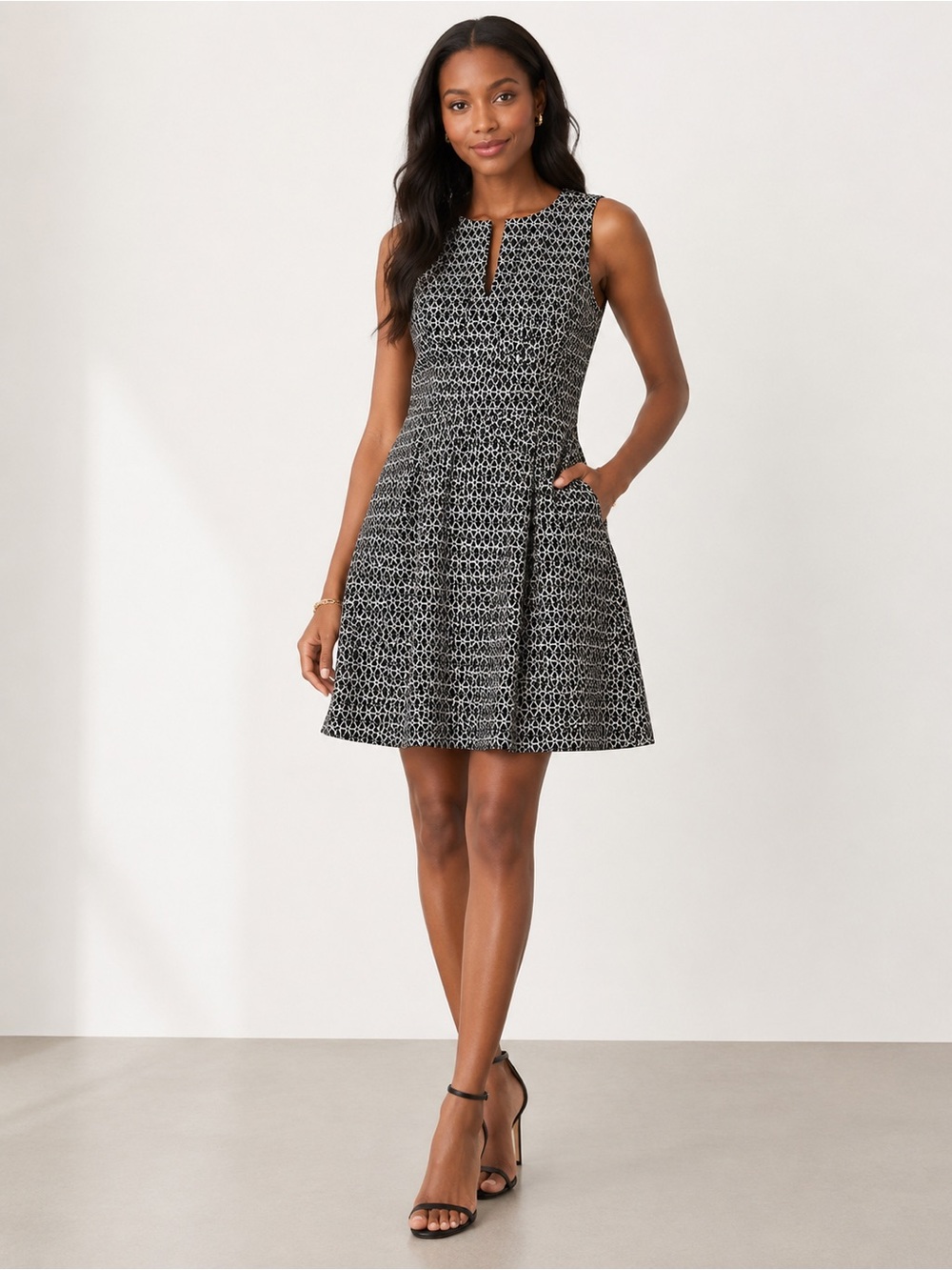 J.Crew Sleeveless Black & White Embroidered Eyelet Fit-and-Flare Short Dress